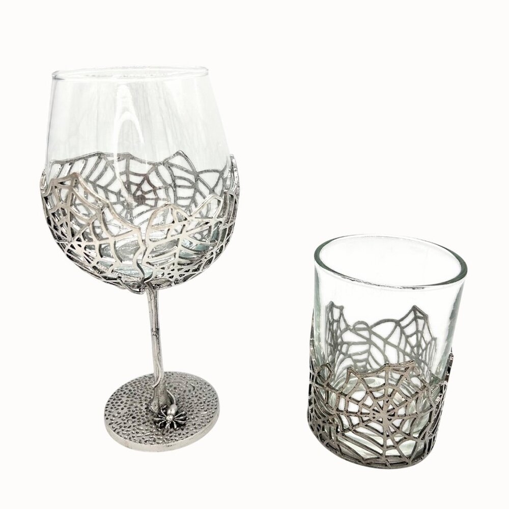 NEW TMD SILVER METAL SPIDERWEB STEMMED WINE & WHISKEY GLASS SET GOTHIC HALLOWEEN